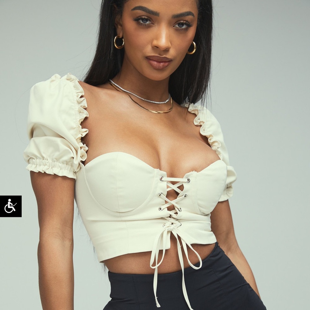 NWT HOUSE OF CB MISTRESS ROCKS ‘HEARTBREAK HOTEL'Cream Lace Up Bralette corset M